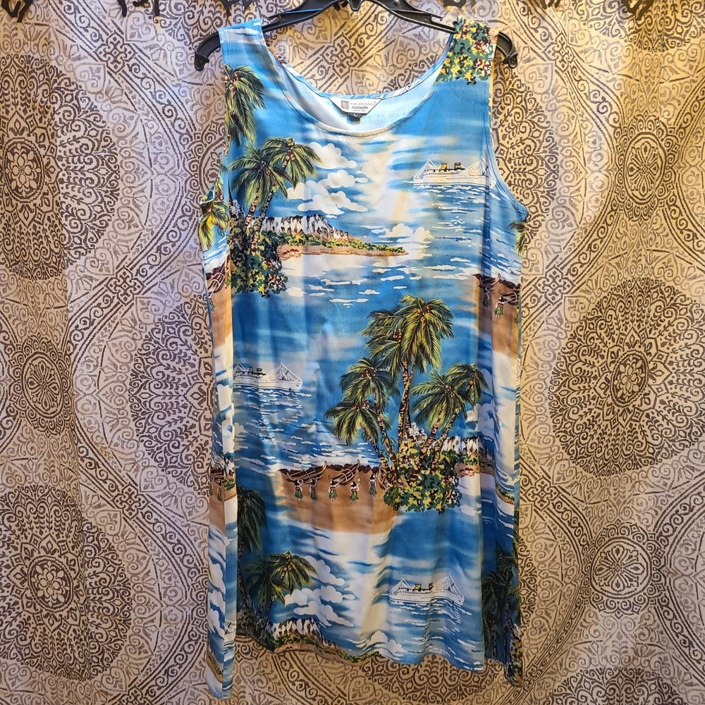 Tori Richard Honolulu Shift Dress Womens Large Tropical Scene Print Rayon Hawaii